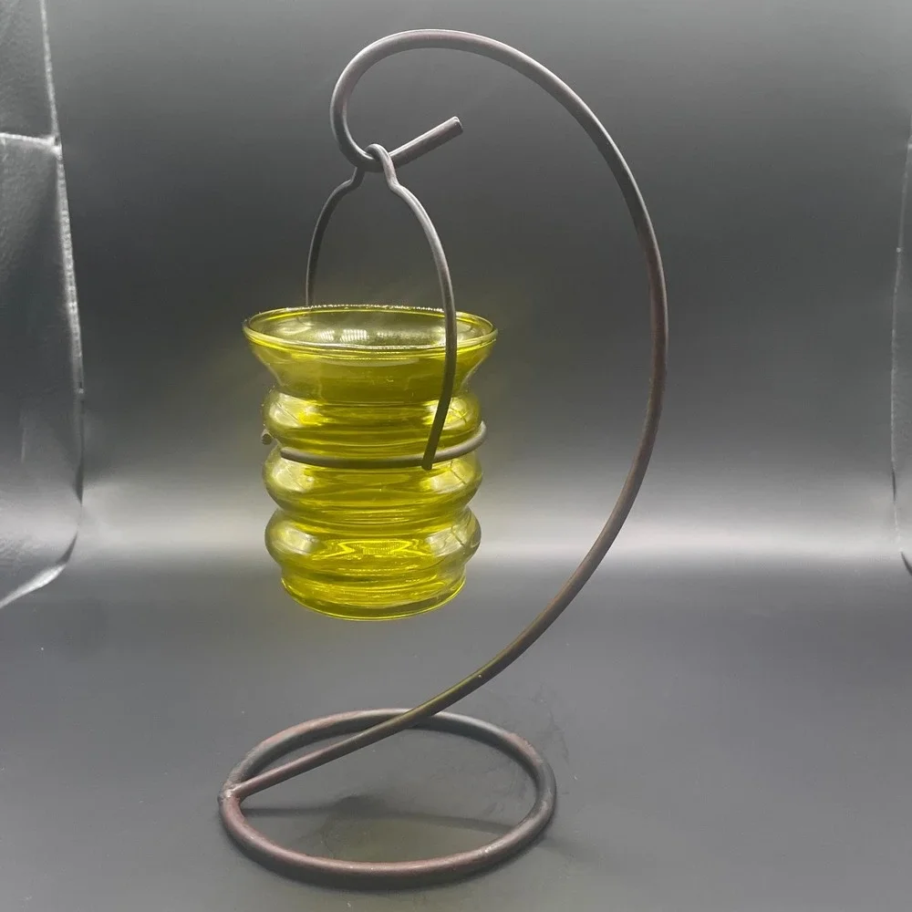 Vintage Green Ribbed Glass Hanging Votive‎ Candle Holder with Metal Stand 9 Inch